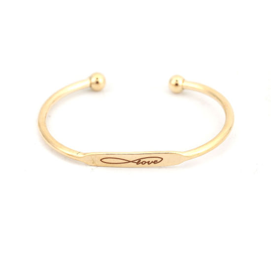 Picture of Brass Open Cuff Bangles Bracelets Rectangle Gold Plated Infinity Symbol Message " LOVE " 15cm(5 7/8") long, 1 Piece                                                                                                                                           