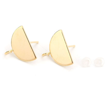 Boucles d'Oreilles Puces en Laiton Plaqué Or Véritable 18K Demi-Rond avec Boucle 2 Pcs
