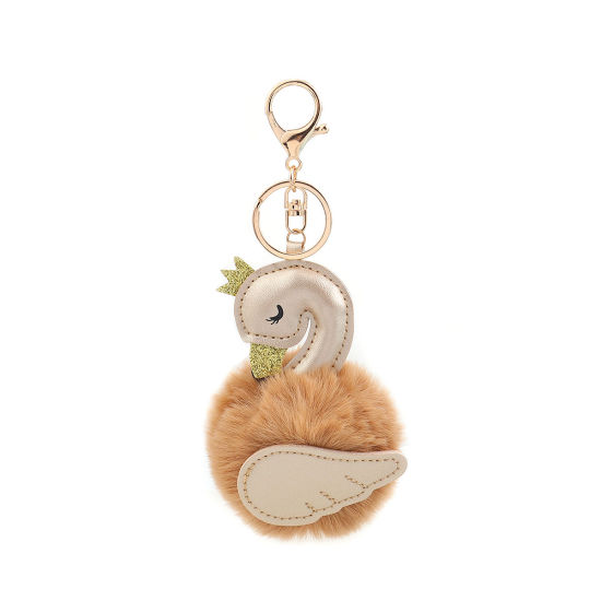 Picture of Plush Keychain & Keyring Pom Pom Ball Khaki Golden Swan Glitter 19cm, 1 Piece