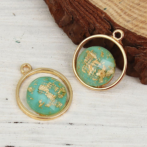Imagen de Aleación de metal de Zinc + Acrílico Papel de Oro Colgantes Charms Ronda Chapado en Oro Verde 20mm x 16mm, 10 Unidades