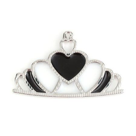 亜鉛合金 ペンダント クラウン シルバートーン 黒 + 白 エナメル 51mmx 32mm、 2 個