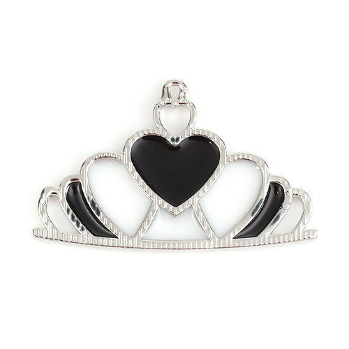Picture of Zinc Based Alloy Pendants Crown Silver Tone Black & White Enamel 51mm(2") x 32mm(1 2/8"), 2 PCs