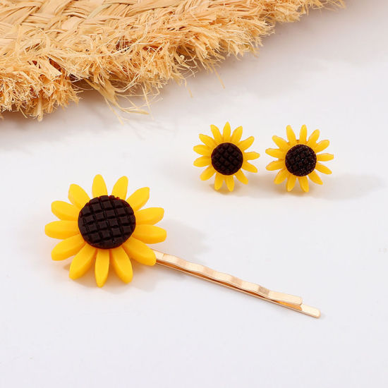 Picture of Hair Accessories Earrings Set Yellow Daisy Flower 12mm Dia., 60mm x 23mm, 1 Set
