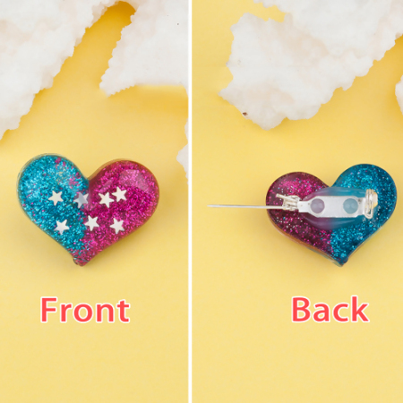 Resin Pin Brooches Heart Pentagram Star Blue Purple Glitter 29mm(1 1/8") x 22mm( 7/8"), 1 Piece