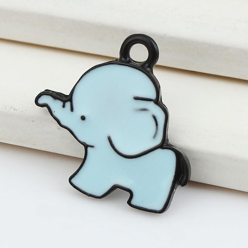 Picture of Zinc Based Alloy Charms Elephant Animal Black Blue Enamel 20mm( 6/8") x 20mm( 6/8"), 10 PCs