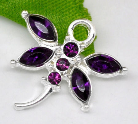 Imagen de Colgantes Aleación + Brillantito de Libélula Argentado Rhinestone Amatista 20.0mm x 19.0mm, 10 Unidades 