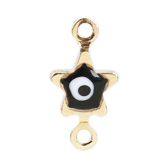 Imagen de Latón Conectores Estrellas de cinco puntos Chapado en Oro Negro Mal de ojo Esmalte 11mm x 6mm, 10 Unidades