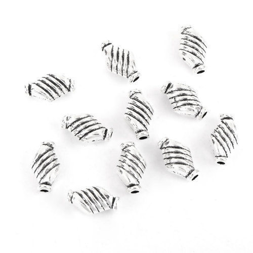 Immagine di Lega di Zinco Separatori Perline Irregolare Argento Antico Striscia Scolpisce Circa 10mm x 6mm, Foro:Circa 1.3mm, 100 Pz