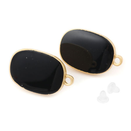 Zinc Based Alloy Enamel Ear Post Stud Earrings Findings Oval Matt Gold Black W/ Loop 22mm x 14mm, Post/ Wire Size: (21 gauge), 10 PCs
