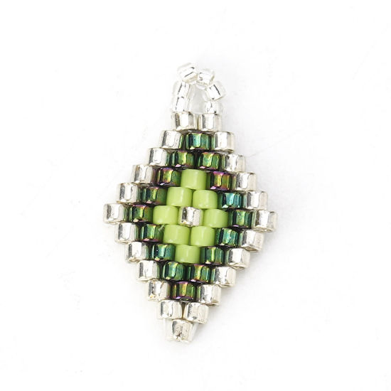 Picture of Glass Seed Beads Charms Rhombus Fruit Green 19mm( 6/8") x 12mm( 4/8"), 2 PCs