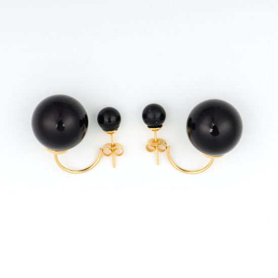 Picture of 304 Stainless Steel & Acrylic Ear Jacket Stud Earrings Gold Plated Black Round 3cm x 2.8cm, Post/ Wire Size: (21 gauge), 1 Pair