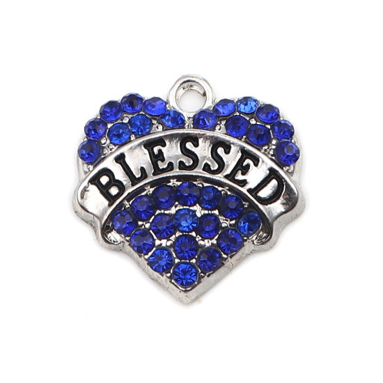 Immagine di Lega di Zinco Charms Cuore Tono Argento Nero Lettere " Blessed " Blu Strass 20mm x 20mm , 2 Pz