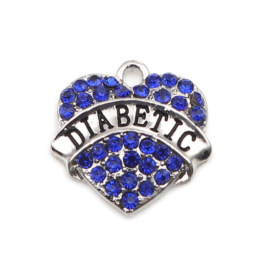 Immagine di Lega di Zinco Charms Cuore Tono Argento Nero Lettere " Diabetic " Blu Strass 20mm x 20mm , 2 Pz