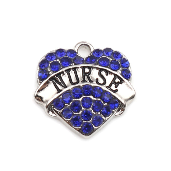 Immagine di Lega di Zinco Charms Cuore Tono Argento Nero Lettere " Nurse " Blu Strass 20mm x 20mm , 2 Pz