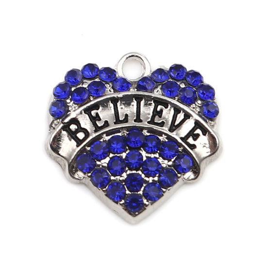 Immagine di Lega di Zinco Charms Cuore Tono Argento Nero Lettere " Believe " Blu Strass 20mm x 20mm , 2 Pz