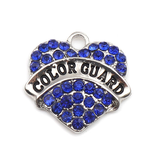 Imagen de Zamak Colgantes Charms Corazón Tono de Plata Negro Mensaje " COLOR GUARD " Azul Rhinestone 20mm x 20mm, 2 Unidades