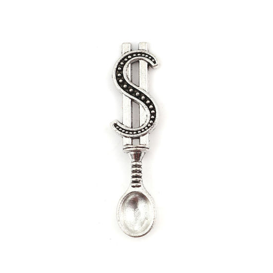 Bild von Zinklegierung 3D Anhänger Löffel Antiksilber Symbol von US-Dollar 37mm x 9mm, 30 Stück
