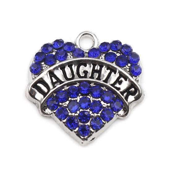 Immagine di Lega di Zinco Charms Cuore Tono Argento Nero Lettere " Daughter " Blu Strass 20mm x 20mm , 2 Pz