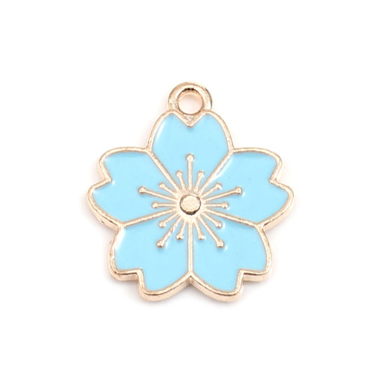 Immagine di Lega di Zinco Charms Fiore di Sakura Oro Placcato Blu Chiaro Smalto 20mm x 18mm , 20 Pz