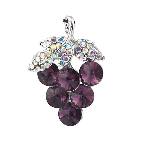 Imagen de Zamak Colgantes Charms Uva Argentado Amatista Rhinestone 29mm x 19mm, 2 Unidades