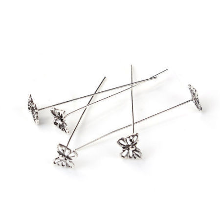 Zinc Based Alloy Ball Head Pins Antique Silver Color Butterfly Animal 5.3cm(2 1/8") long, 0.7mm (21 gauge), 20 PCs