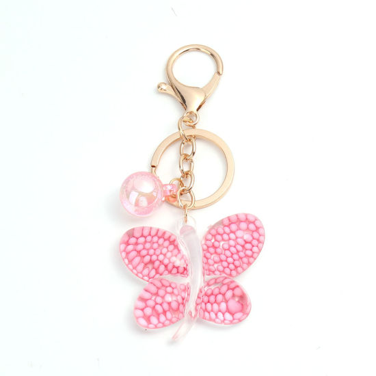 Picture of Keychain & Keyring Gold Plated Pink Butterfly Animal Sequins 10.7cm x 5cm, 1 Piece