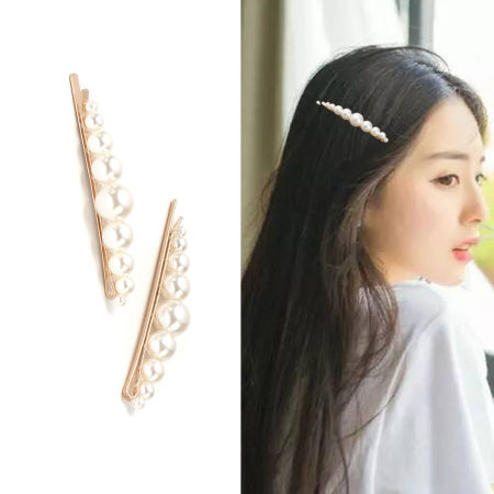 Hair Clips Findings Gold Plated Creamy-White Strip Imitation Pearl 7.4cm x 1.2cm, 5 PCs