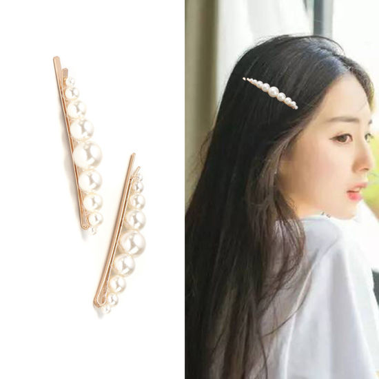 Imagen de Pinzas de pelo Off-white Chapado en Oro Tira Imitación de perla 7.4cm x 1.2cm, 5 Unidades