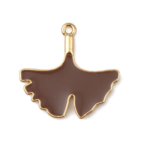 Zamak Colgantes Hoja de Ginkgo Chapado en Oro Café Esmalte 3cm x 2.9cm, 5 Unidades