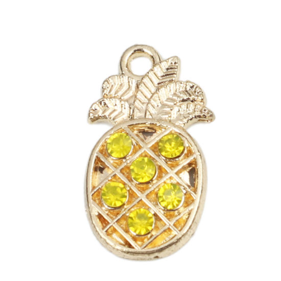 Picture of Zinc Based Alloy Charms Pineapple/ Ananas Fruit Gold Plated Yellow Rhinestone 22mm x 12mm, 5 PCs