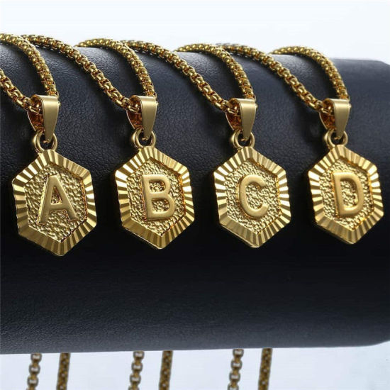 Picture of Stylish Pendant Necklace Gold Plated Hexagon Initial Alphabet/ Capital Letter