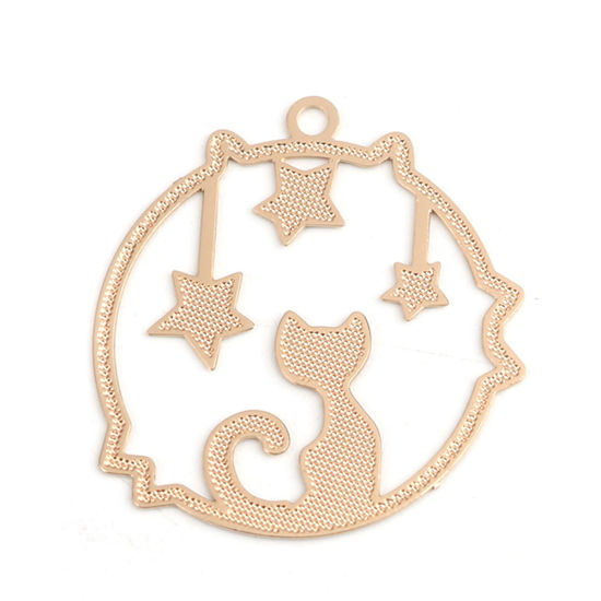 Image de Breloques Estampe en Filigrane en Laiton Rond Doré Chats Creux 22mm x 20mm, 20 Pcs