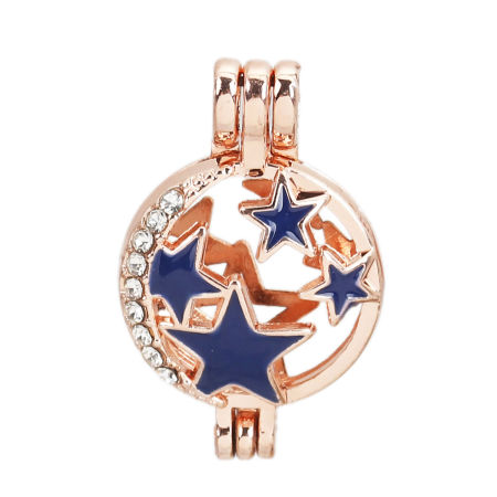 Zinc Based Alloy Wish Pearl Locket Jewelry Charms Round Star Rose Gold Blue Enamel Clear Rhinestone Can Open (Fit Bead Size: 6mm) 28mm(1 1/8") x 18mm( 6/8"), 2 PCs