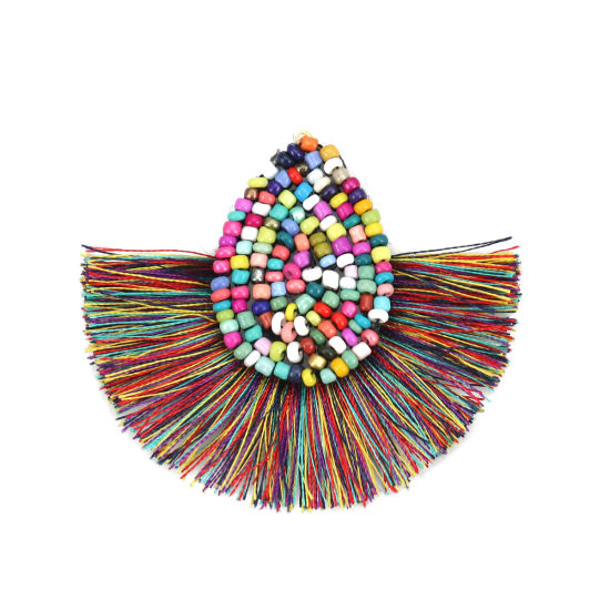 Picture of Glass Seed Beads & Polyester Tassel Pendants Drop Multicolor 60mm(2 3/8") x 52mm(2"), 3 PCs