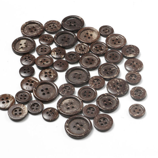 Image de Bouton de Couture 4 Trous en Coquille de Coco Forme Rond Café Foncé 18mm Dia., 50 Pcs