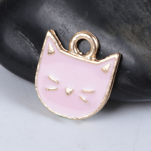 Bild von Zinklegierung Charms Katze Vergoldet Rosa Emaille 14mm x 13mm, 10 Stück