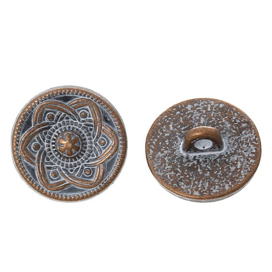 Picture of Zinc Based Alloy Metal Sewing Shank Buttons Round Antique Copper Flower Carved Spray Painted White 15mm( 5/8") Dia, 50 PCs