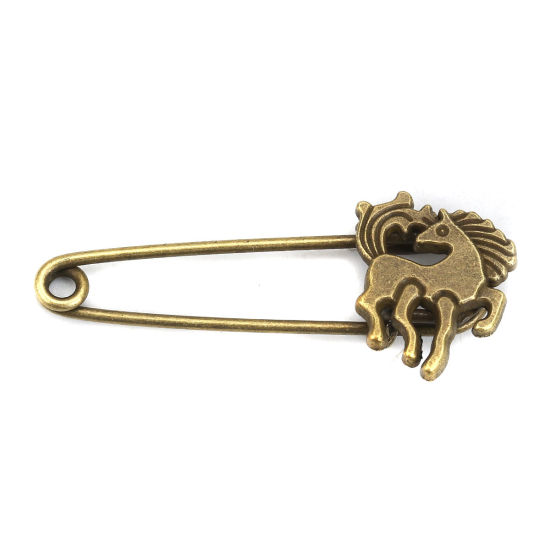Picture of Zinc Based Alloy Pin Brooches Findings Horse Animal Antique Bronze 52mm(2") x 23mm( 7/8"), 5 PCs