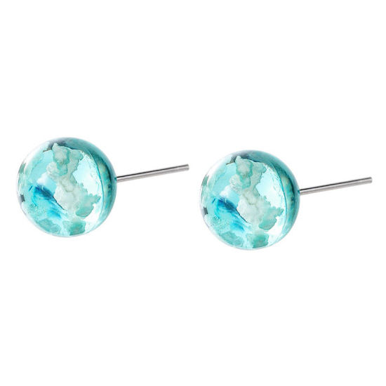 Picture of Resin Ear Post Stud Earrings Blue Ball Transparent 10mm Dia., 1 Piece