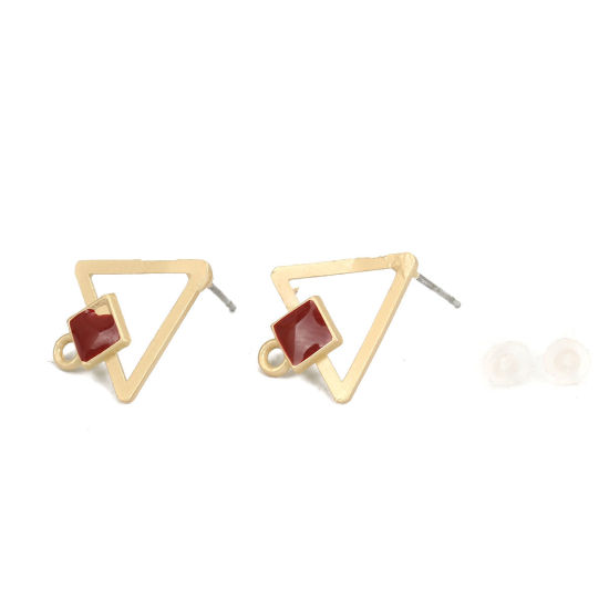 Immagine di Lega di Zinco Orecchini a Perno Tappi di Orecchini Triangolo Oro Opaco Rosso Quadrato Disegno W/ Loop 18mm x 15mm, Diametro Filo: (21 misura), 10 Pz