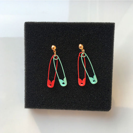 Picture of Earrings Gold Plated Red & Cyan Pin 30mm, 1 Pair