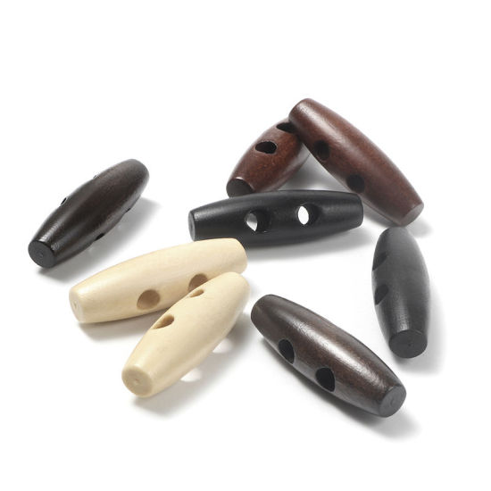 Picture of Natural Wood Sewing Toggle Buttons 2 Holes Oval Beige 35mm(1 3/8") x 11mm( 3/8"), 50 PCs
