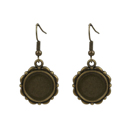 Zinc Based Alloy Cabochon Settings Earrings Findings Round Disc Antique Bronze (Fit 14mm Dia.) 40mm(1 5/8") x 20mm( 6/8"), Post/ Wire Size: (21 gauge), 10 PCs