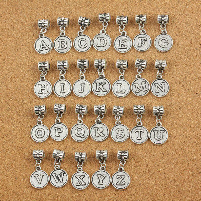 Picture of Zinc Based Alloy European Style Large Hole Charm Dangle Beads Round Initial Alphabet/ Letter Pattern Mixed