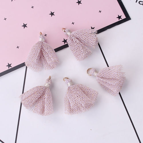 Image de Pendentifs en Polyester Franges Pompons Glands Doré Mauve avec Anneaux Env. 30mm x 27mm, 10 Pcs