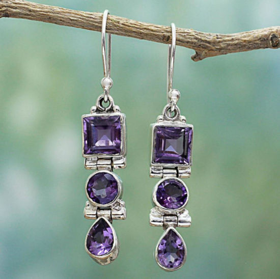 Picture of Earrings Silver Tone Square Round Purple Cubic Zirconia 4.2cm x 0.8cm, 1 Pair