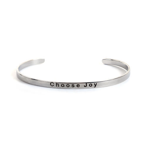 Picture of Stainless Steel Positive Quotes Energy Open Cuff Bangles Bracelets Message " Choose Joy "