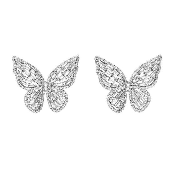 Picture of Copper & Sterling Silver Ear Post Stud Earrings Platinum Color Butterfly Animal Clear Rhinestone 22mm x 22mm, 1 Pair