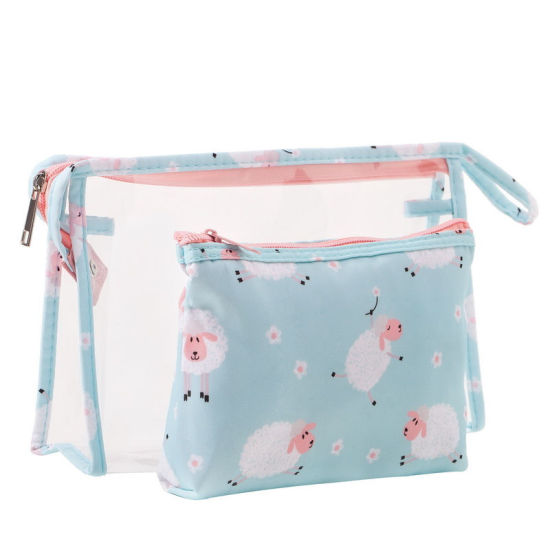 Picture of Blue - Sheep large capacity transparent PVC two-piece portable waterproof travel storage cosmetic bag set 