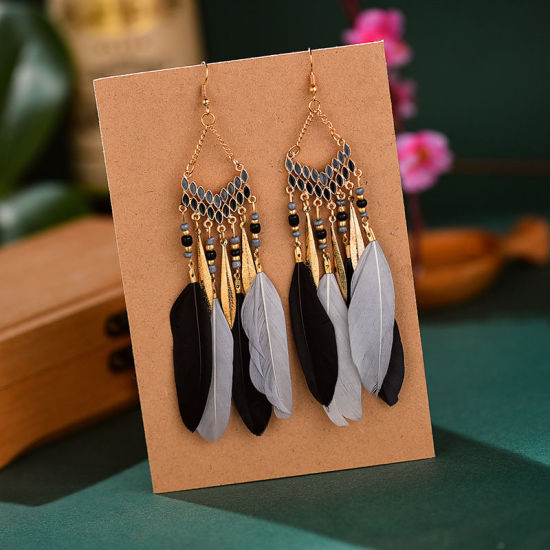 Picture of Boho Chic Bohemia Beaded Earrings Black & Gray Tassel Feather 13.5cm x 2.8cm, 1 Pair